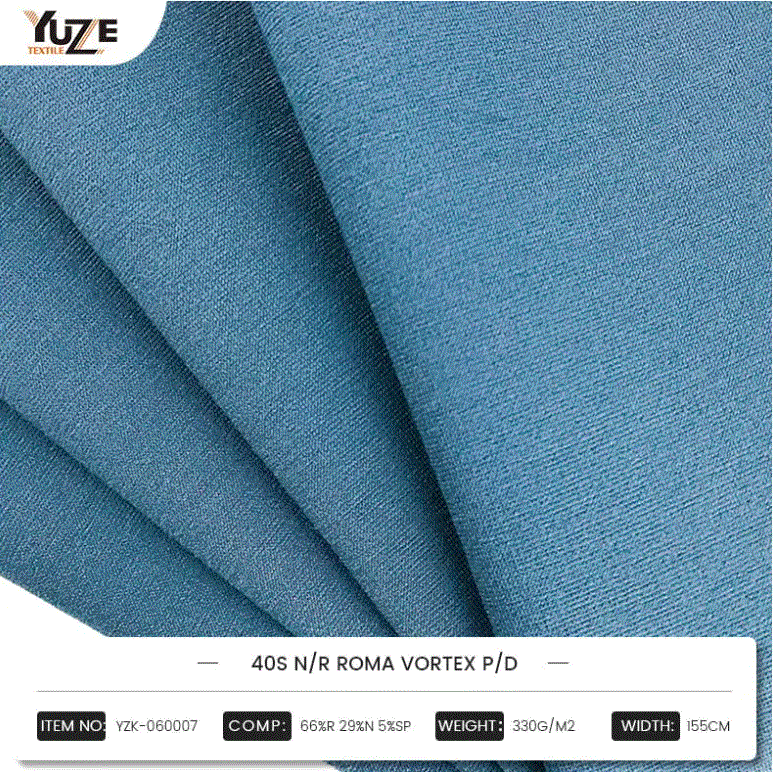 YZK-060007 40S N/R ROMA Vortex P/D: combinazione di miscele ad alte prestazioni di rayon, nylon e spandex, la tecnologia di filatura vortice vortice crea una scelta di moda resistente e confortevole
